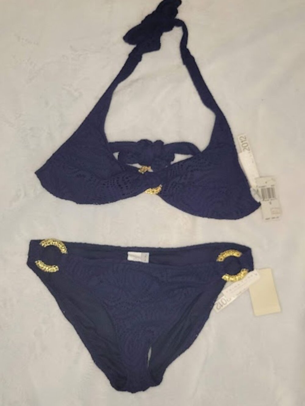 Trina Turk NWT Navy Crochet Bikini Set Top 12 Bottom 10 Gold Ring Halter